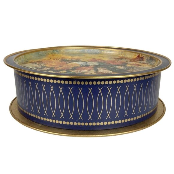 Vintage Sunshine Biscuit Tin Floral Renoir Redon Prints Large Round Blue Gold - Picture 3 of 7